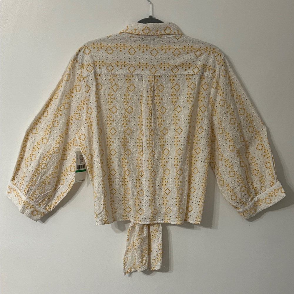 Karen Kane Tie Front Blouse Women’s L Tropic Sun Eyelet Bell Sleeves Spring NWT - Picture 9 of 15